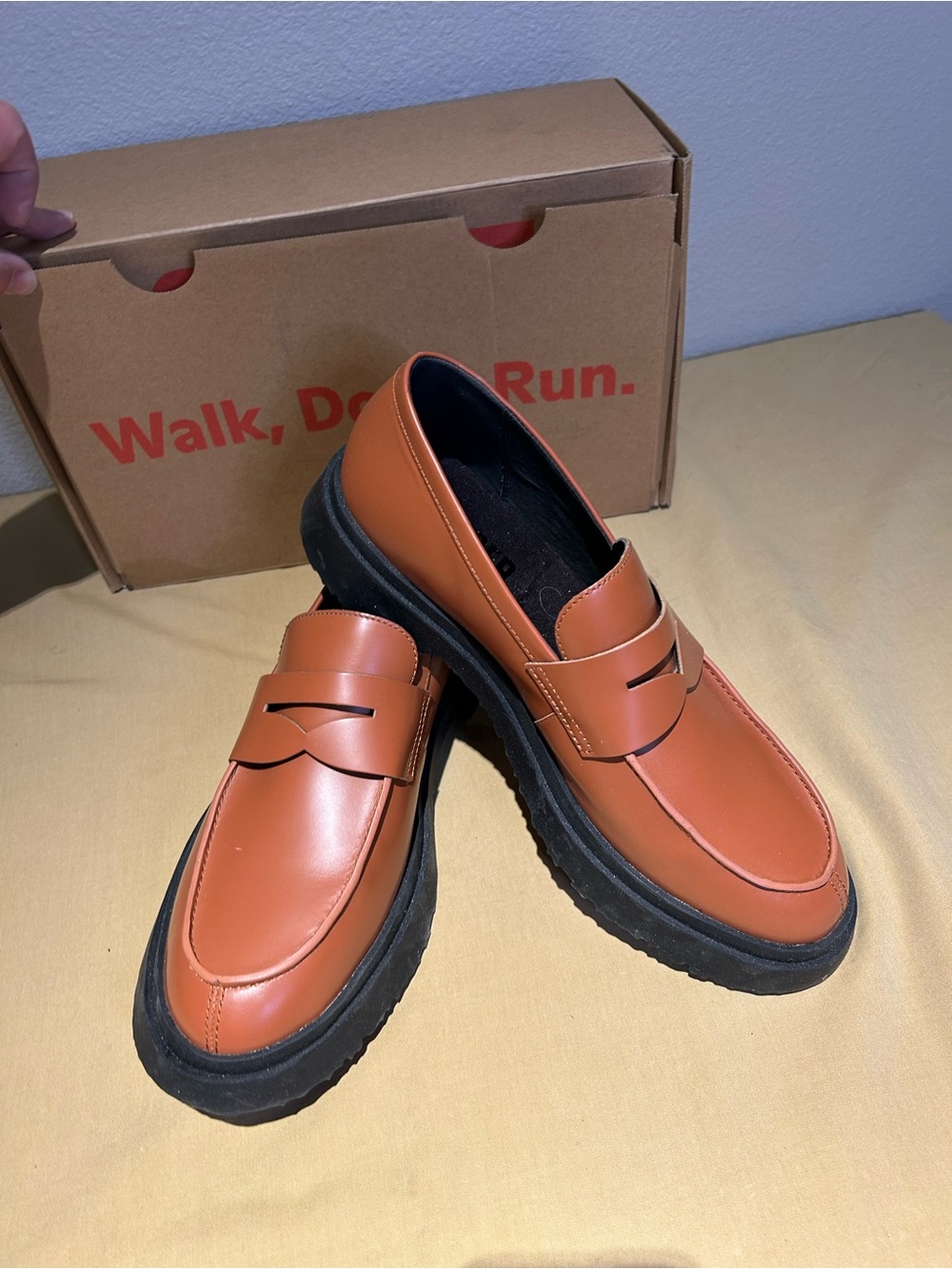Camper Tan Leather Penny Loafers with Black Soles - Picture 2 of 5